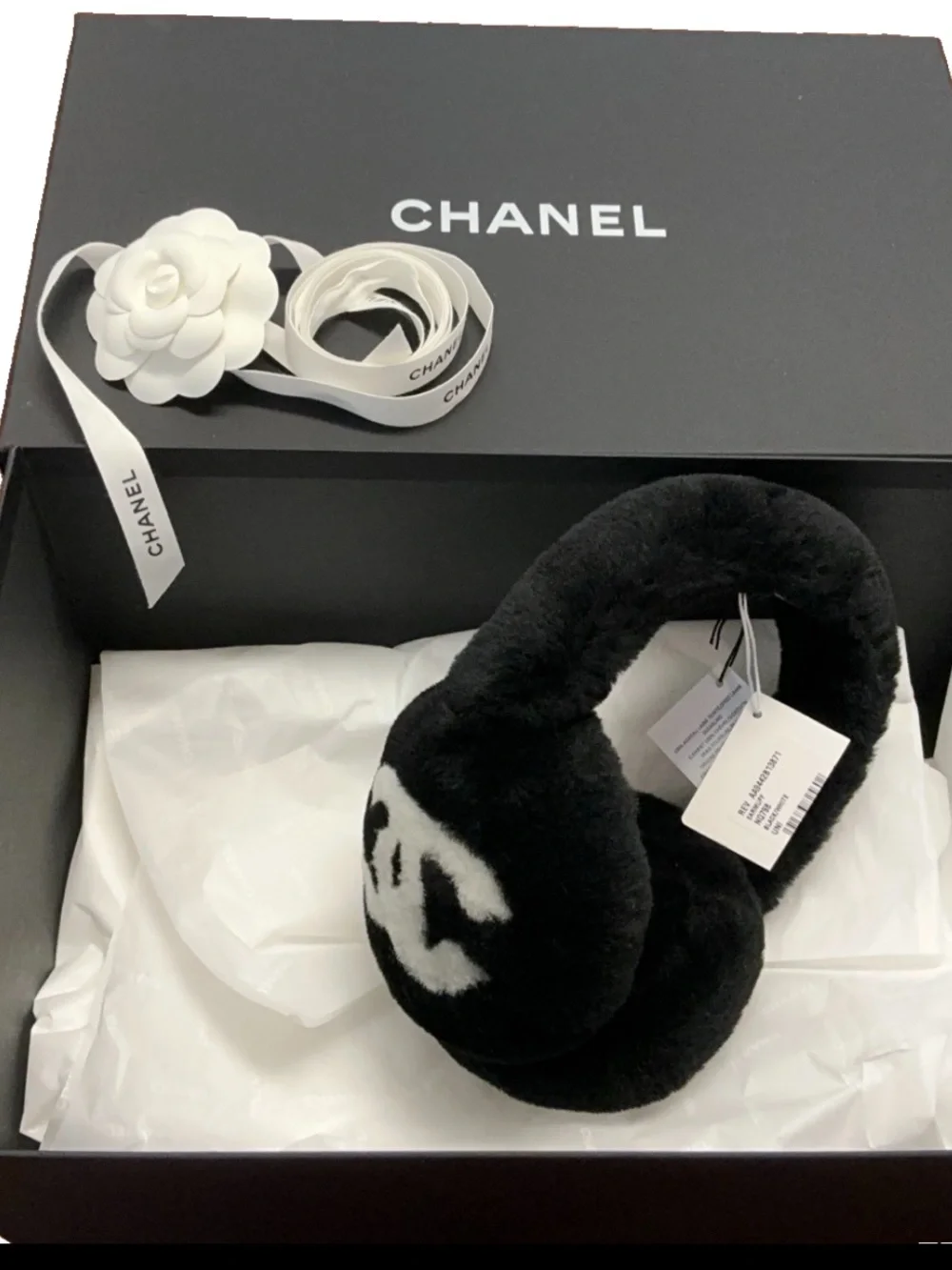 BNIB CHANEL Black White Logo Shearling Lamb Earmuffs